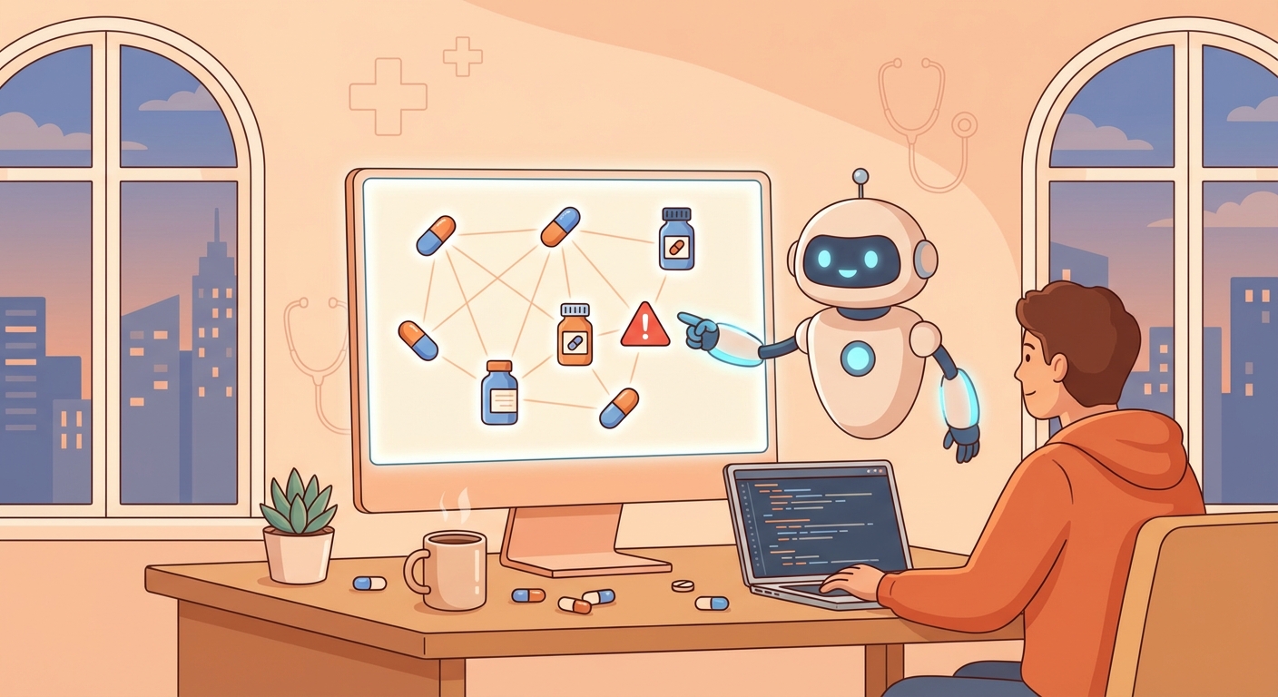 AI agent screening drug interactions on a network graph of medications